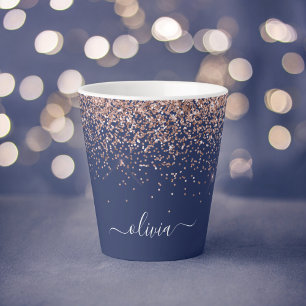 Navy Blue Rose Gold Blush Pink Glitzer Monogram Milchtasse