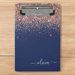 Navy Blue Rose Gold Blush Pink Glitzer Monogram Mini Klemmbrett