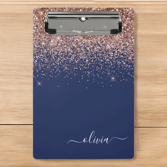Navy Blue Rose Gold Blush Pink Glitzer Monogram Mini Klemmbrett (Von Creator hochgeladen)