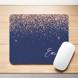 Navy Blue Rose Gold - Blush Pink Glitzer Monogram Mousepad