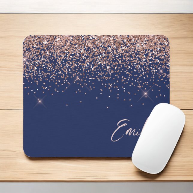 Navy Blue Rose Gold - Blush Pink Glitzer Monogram Mousepad (Von Creator hochgeladen)