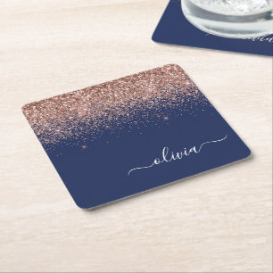 Navy Blue Rose Gold Blush Pink Glitzer Monogram Rechteckiger Pappuntersetzer