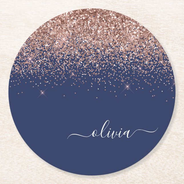 Navy Blue Rose Gold Blush Pink Glitzer Monogram Runder Pappuntersetzer (Vorderseite)