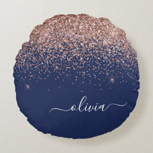 Navy Blue Rose Gold Blush Pink Glitzer Monogram Rundes Kissen