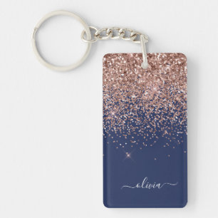 Navy Blue Rose Gold Blush Pink Glitzer Monogram Schlüsselanhänger