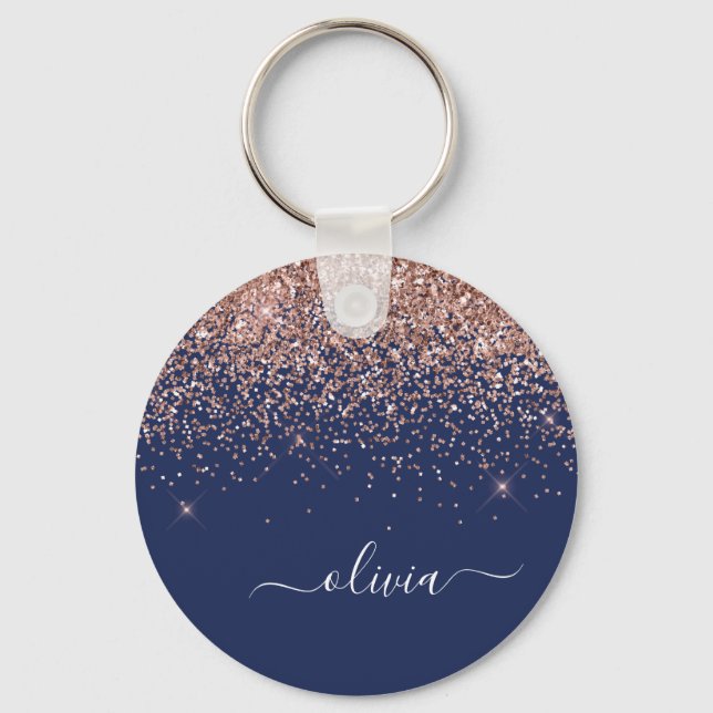 Navy Blue Rose Gold Blush Pink Glitzer Monogram Schlüsselanhänger (Vorderseite)