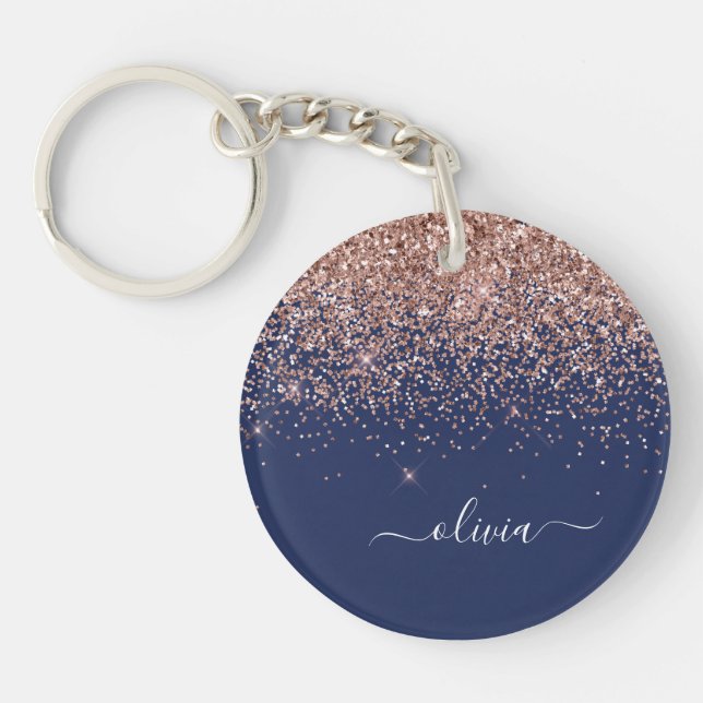 Navy Blue Rose Gold Blush Pink Glitzer Monogram Schlüsselanhänger (Vorderseite)