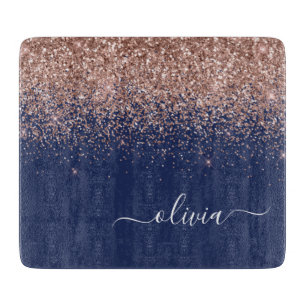 Navy Blue Rose Gold Blush Pink Glitzer Monogram Schneidebrett