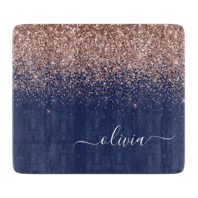 Navy Blue Rose Gold Blush Pink Glitzer Monogram Schneidebrett (Vorderseite)