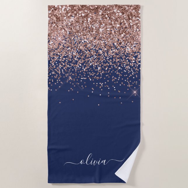 Navy Blue Rose Gold Blush Pink Glitzer Monogram Strandtuch (Vorderseite)