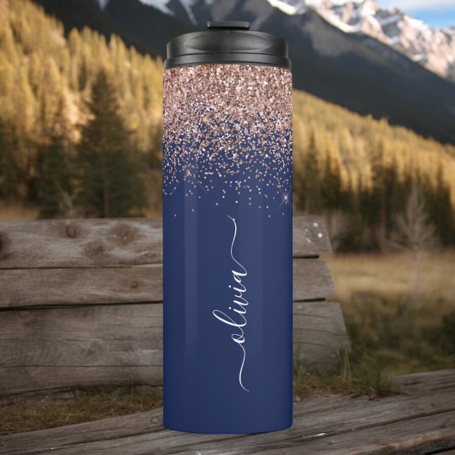 Navy Blue Rose Gold Blush Pink Glitzer Monogram Thermosbecher (Von Creator hochgeladen)