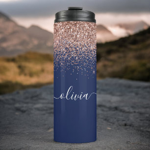 Navy Blue Rose Gold Blush Pink Glitzer Monogram Thermosbecher