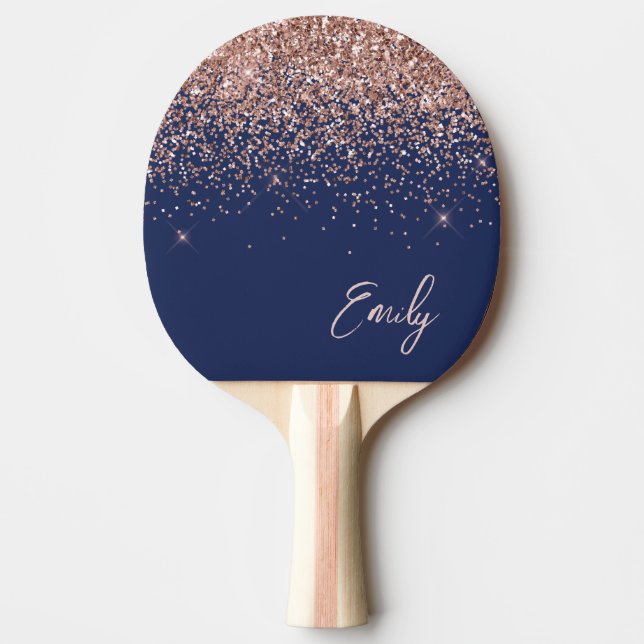 Navy Blue Rose Gold Blush Pink Glitzer Monogram Tischtennis Schläger (Vorderseite)