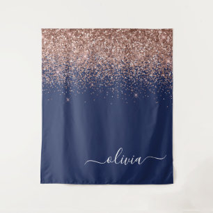 Navy Blue Rose Gold Blush Pink Glitzer Monogram Wandteppich