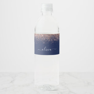 Navy Blue Rose Gold Blush Pink Glitzer Monogram Wasserflaschenetikett