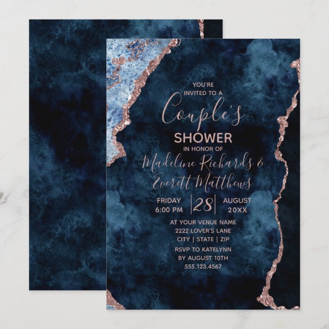 Navy Blue Rose Gold Chic Polterabend Einladung (Vorne/Hinten)
