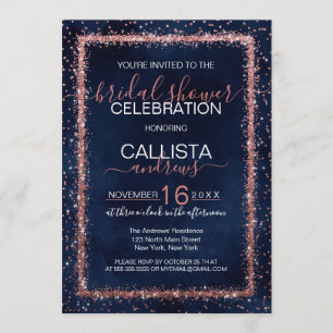 Navy Blue Rose Gold Confetti Brautparty Einladung