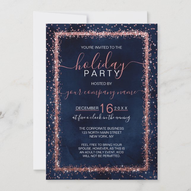 Navy Blue Rose Gold Confetti Corporate Holiday Einladung (Vorderseite)