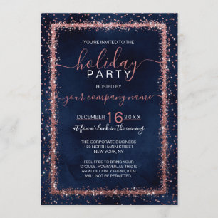 Navy Blue Rose Gold Confetti Corporate Holiday Einladung