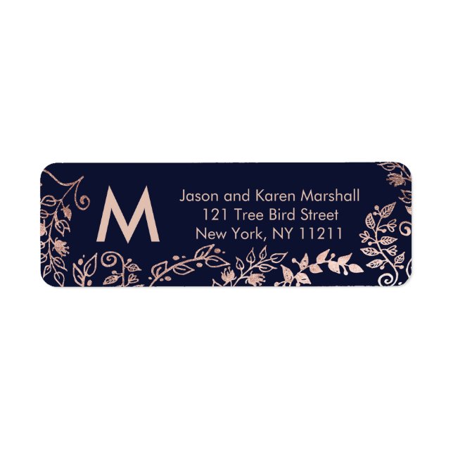 Navy Blue Rose Gold Floral Address Labels (Vorne)