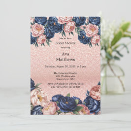 Navy Blue & Rose Gold Floral Brautparty Einladung