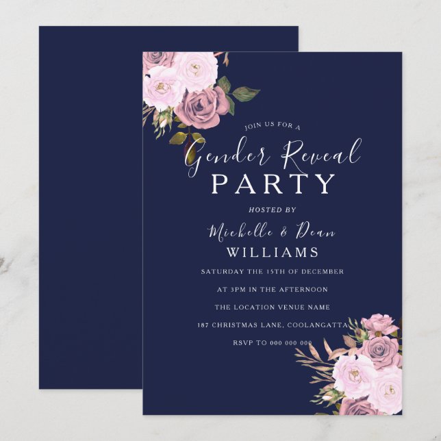 Navy Blue & Rose Gold Floral Gender Reveal Party Einladung (Vorne/Hinten)