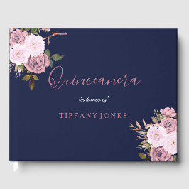 Navy Blue & Rose Gold Floral Quinceanera Gästebuch