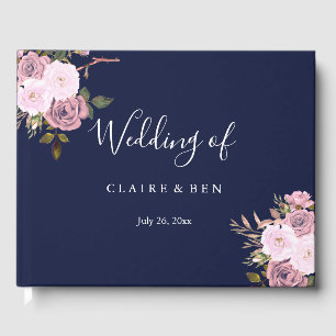 Navy Blue & Rose Gold Floral Wedbook Gästebuch