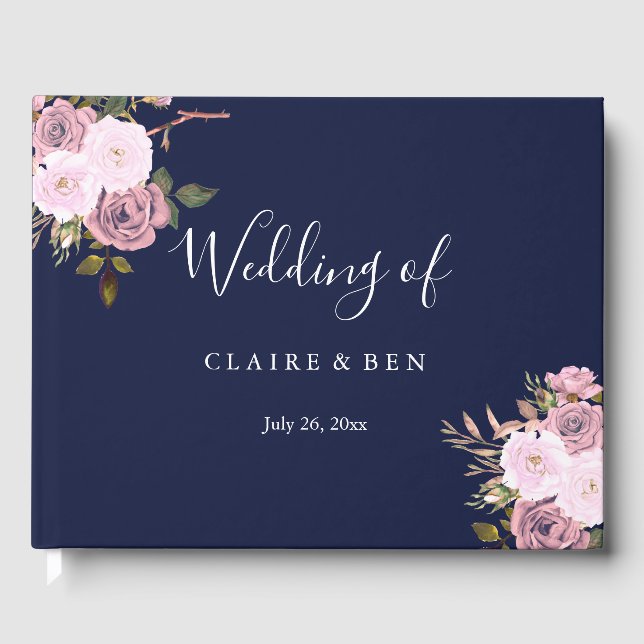 Navy Blue & Rose Gold Floral Wedbook Gästebuch (Vorderseite)