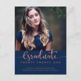 Navy Blue Rose Gold Foil Abschluss Script Foto Ankündigungspostkarte