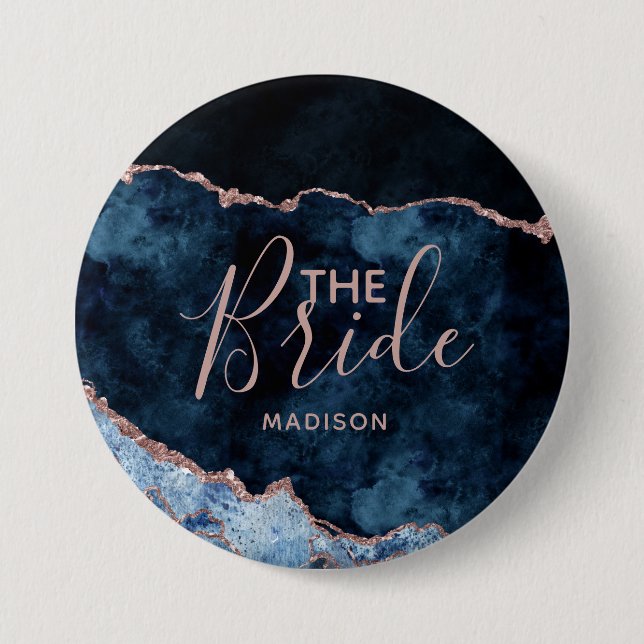 Navy Blue & Rose Gold Foil Agate Marbella The Brid Button (Vorderseite)