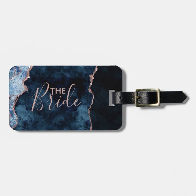 Navy Blue & Rose Gold Foil Agate Marbella The Brid Gepäckanhänger (Vorderseite horizontal)