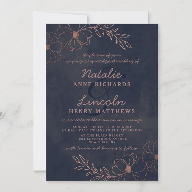 Navy Blue & Rose Gold Foil Blume Gerahmte Hochzeit Einladung (Vorderseite)