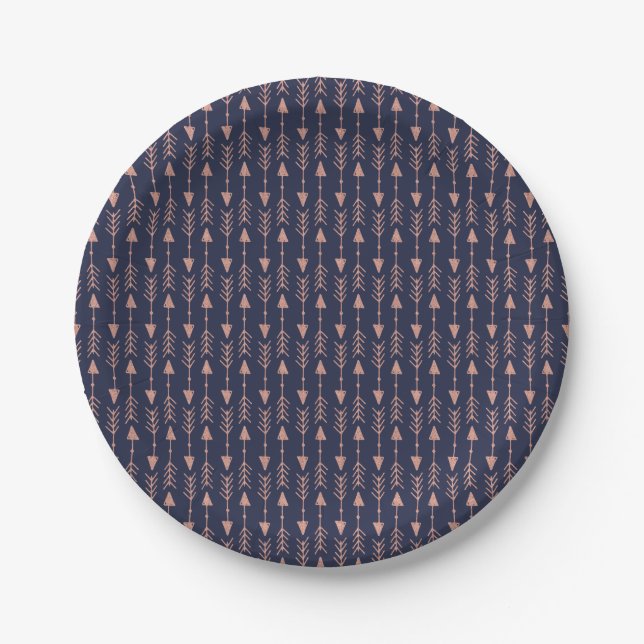 Navy Blue Rose Gold Foil Hipster Tribal Arrows Pappteller (Vorderseite)