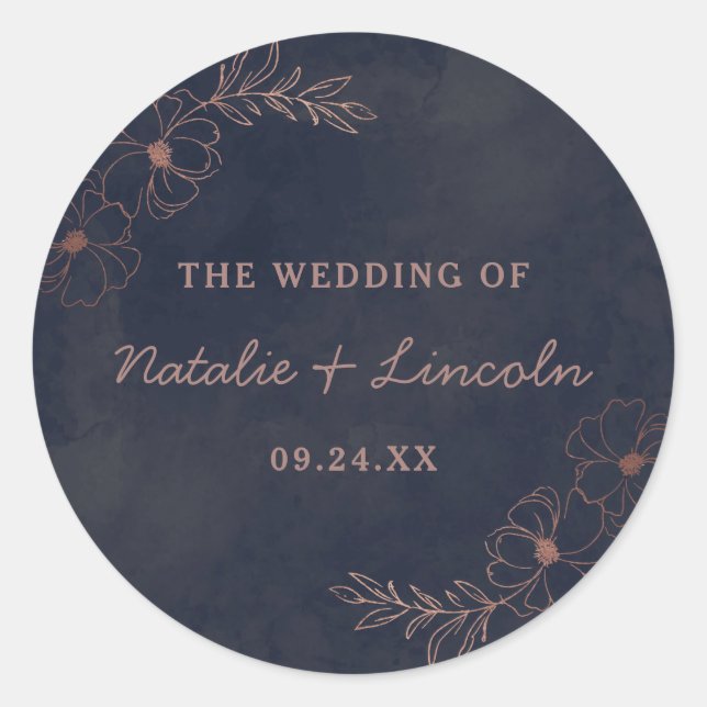 Navy Blue & Rose Gold Foil Monogram Rustic Wedding Runder Aufkleber (Vorderseite)