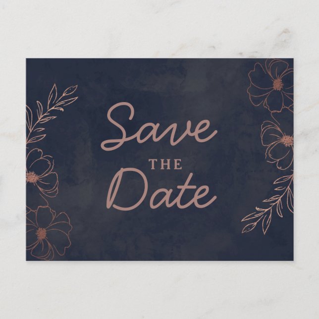 Navy Blue & Rose Gold Foil Rustikal Save the Date Ankündigungspostkarte (Vorderseite)