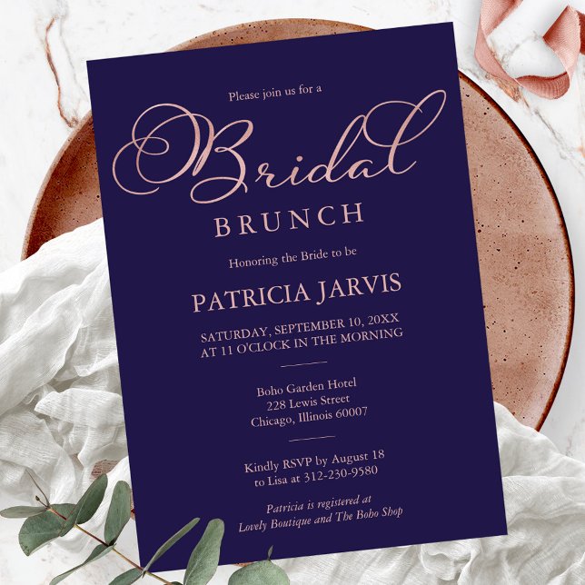 Navy Blue Rose Gold Foil Script Bridal Brunch Einladung (Von Creator hochgeladen)