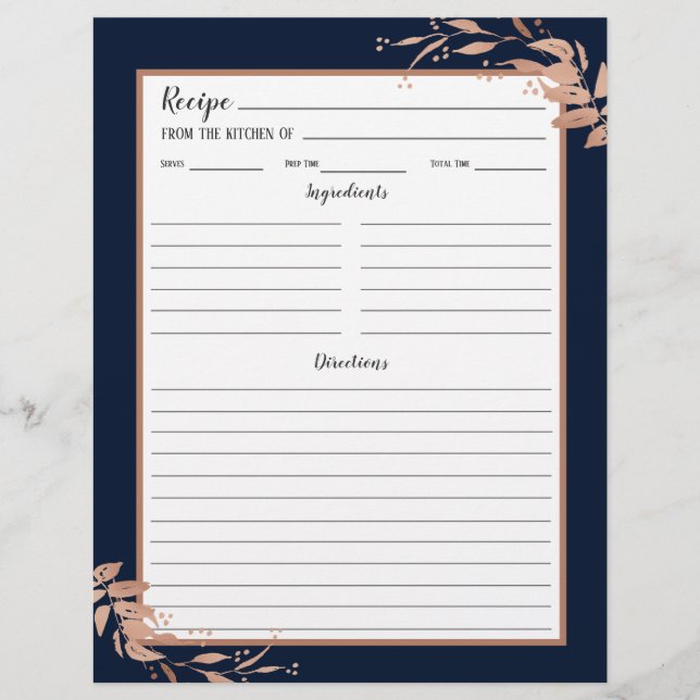 Navy Blue Rose Gold Foliage Recipi Binder Page (Vorderseite)