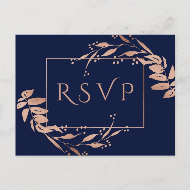 Navy Blue Rose Gold Foliage Wedding RSVP Postcard Postkarte (Vorderseite)