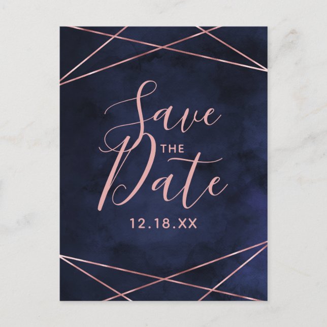 Navy Blue & Rose Gold Geometric Save the Date Ankündigungspostkarte (Vorderseite)