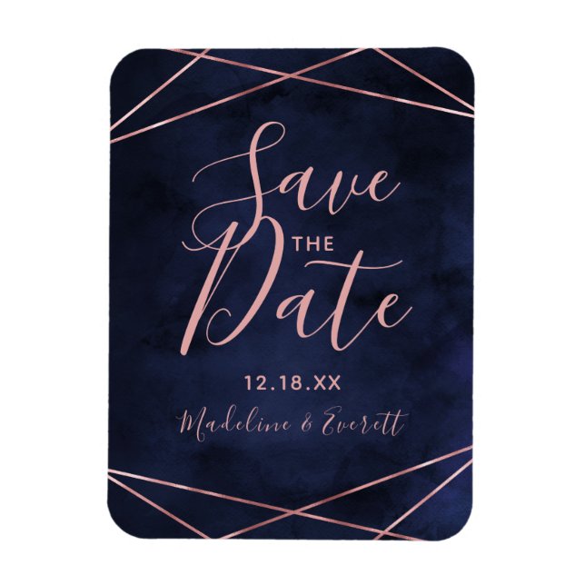 Navy Blue & Rose Gold Geometric Save the Date Magnet (Vertikal)