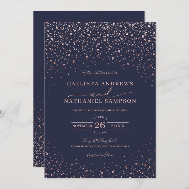 Navy Blue Rose Gold Glitzer Confetti Wedding Einladung (Vorne/Hinten)