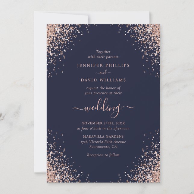 Navy Blue Rose Gold Glitzer Confetti Wedding Einladung (Vorderseite)