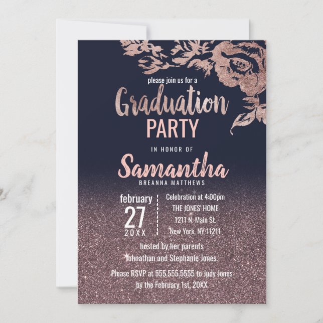 Navy Blue Rose Gold Glitzer Floral Abschluss Einladung (Vorderseite)