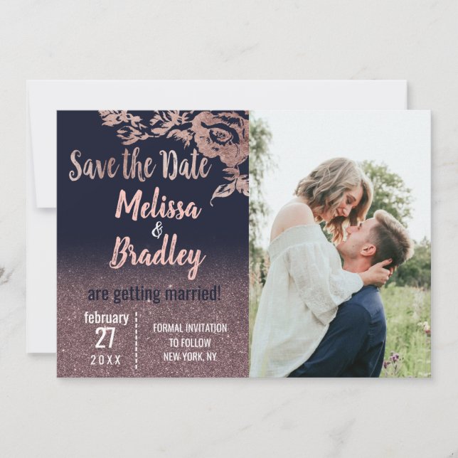 Navy Blue Rose Gold Glitzer Floral Save the Date Einladung (Vorderseite)