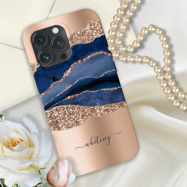 Navy Blue & Rose Gold Glitzer Marmor Moderne Case-Mate iPhone Hülle (Von Creator hochgeladen)