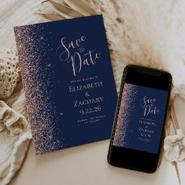 Navy Blue Rose Gold Glitzer Save the Date Ankündigung