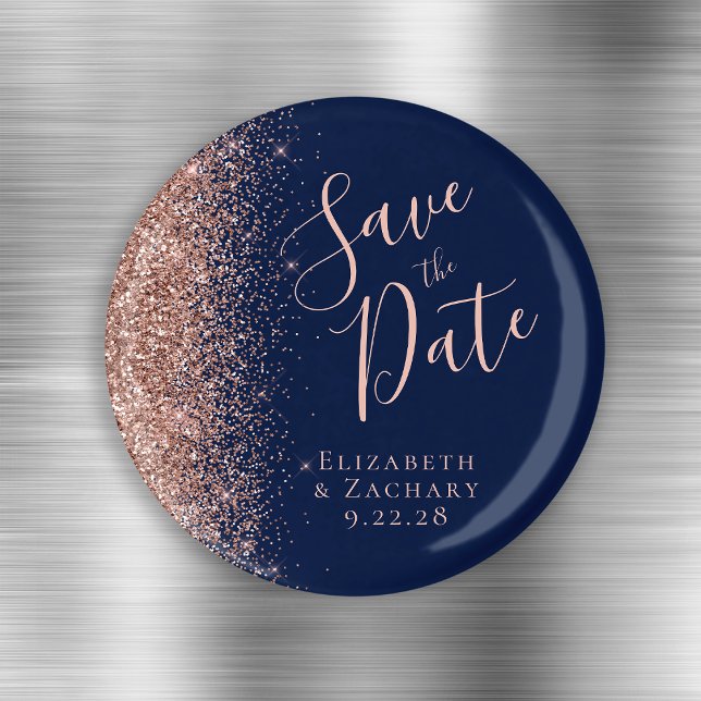 Navy Blue Rose Gold Glitzer Script Save the Date Magnet (Von Creator hochgeladen)