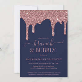 Navy Blue Rose Gold Glitzer Tropfen Brunch Bubbly Einladung