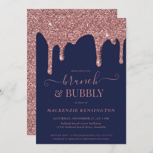 Navy Blue Rose Gold Glitzer Tropfen Brunch Bubbly Einladung (Vorne/Hinten)